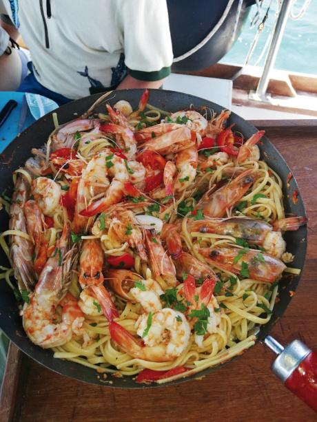 Shrimp spaghetti at sea, by Captain Gerasimos